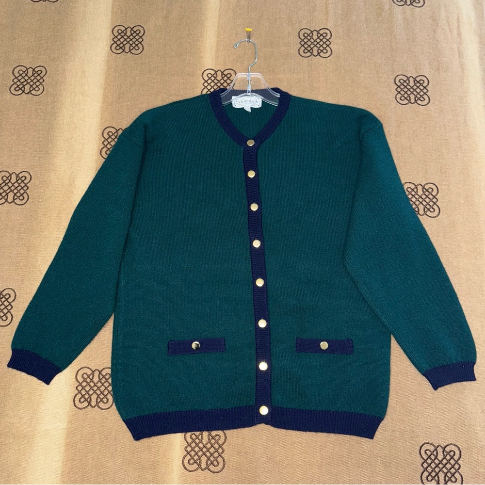 Scotland Edinburgh Lambswool Navy/Green Elegant Warm V-Neck Cardigan Sweater